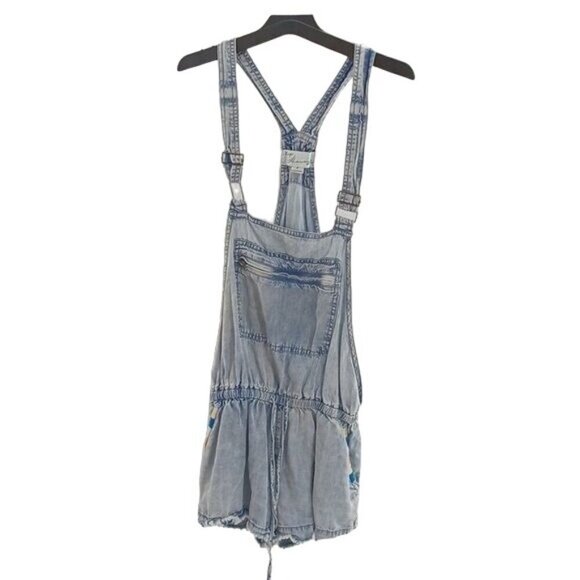 Vintage Havana Denim Overalls Romper Womens Size S Drawstring Waist Distressed - Picture 1 of 8